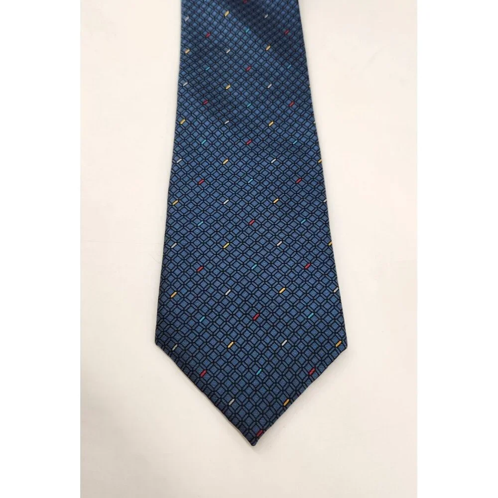 100% Silk Mens Tie by LD14‎ Made In Italy Blue Geometric